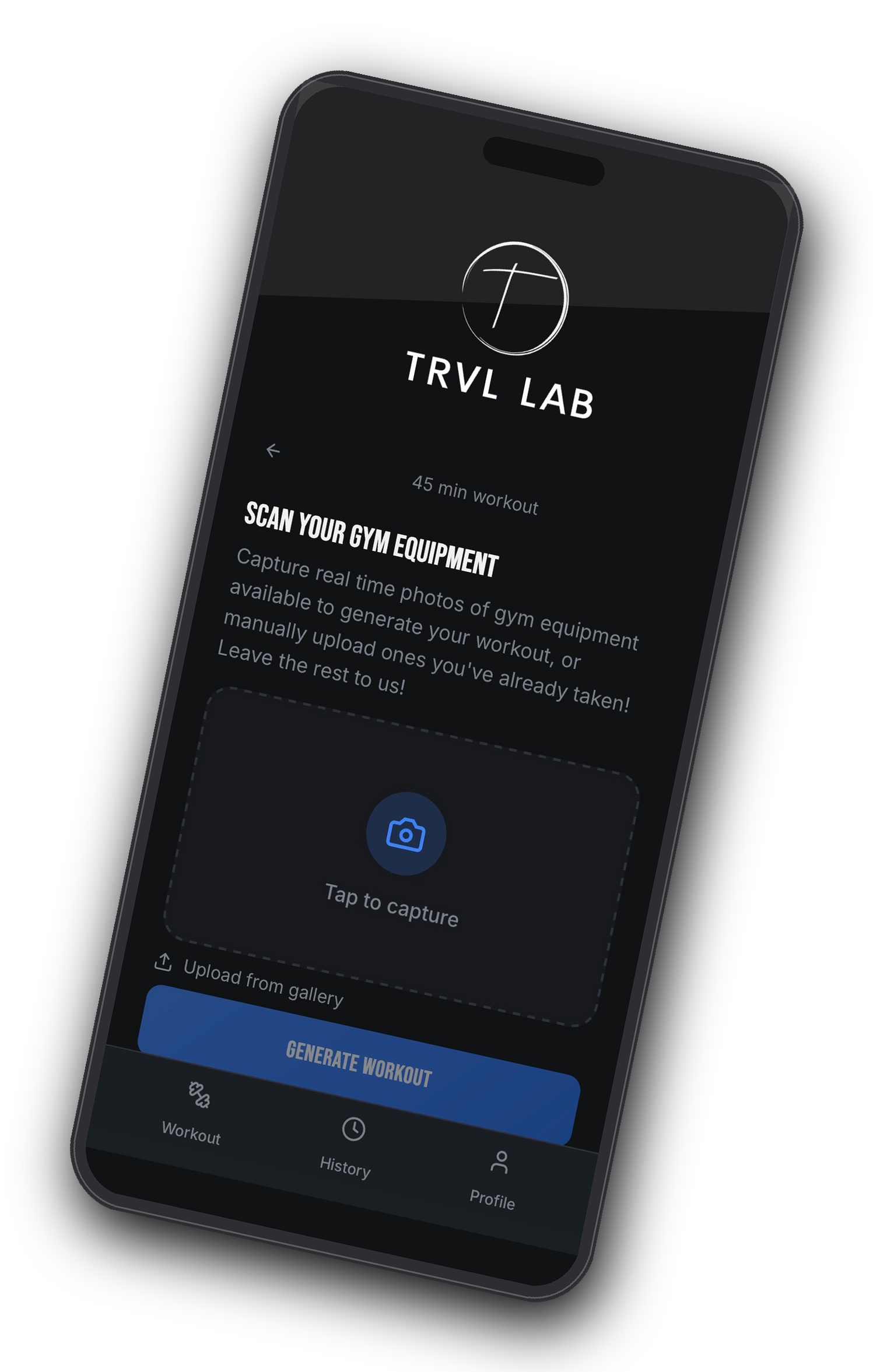 TRVL LAB app shown on an iPhone, displaying a hotel gym workout